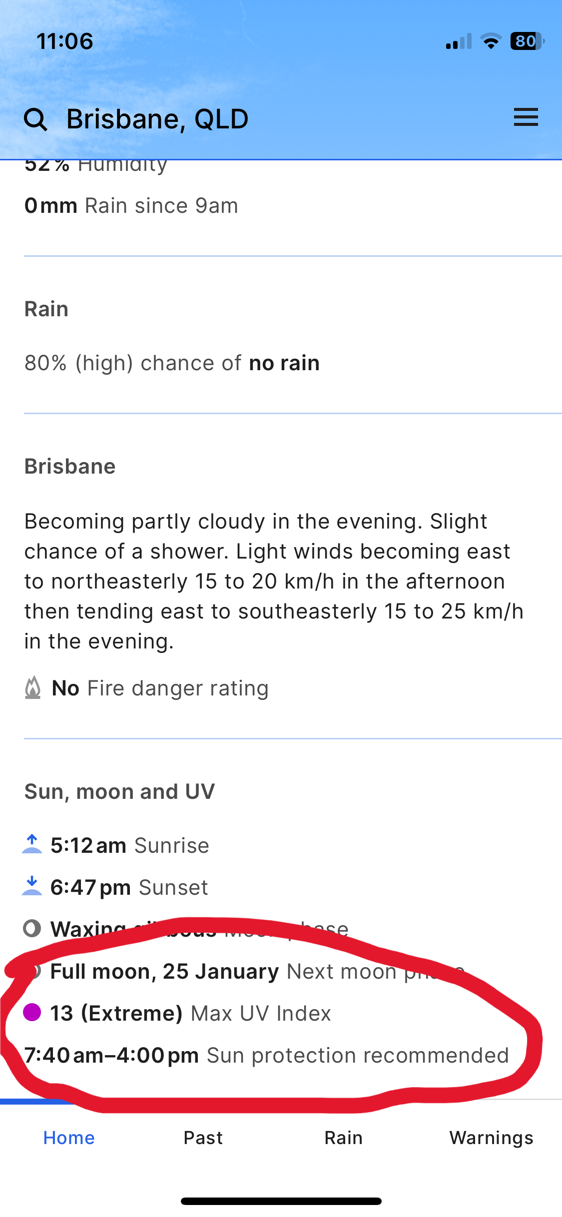 A screenshot of the BOM weather app, with a red circle around the UV information. 