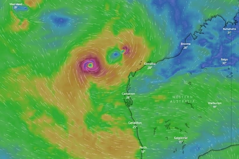 A satellite image of a cyclone system moving towards the WA coast.