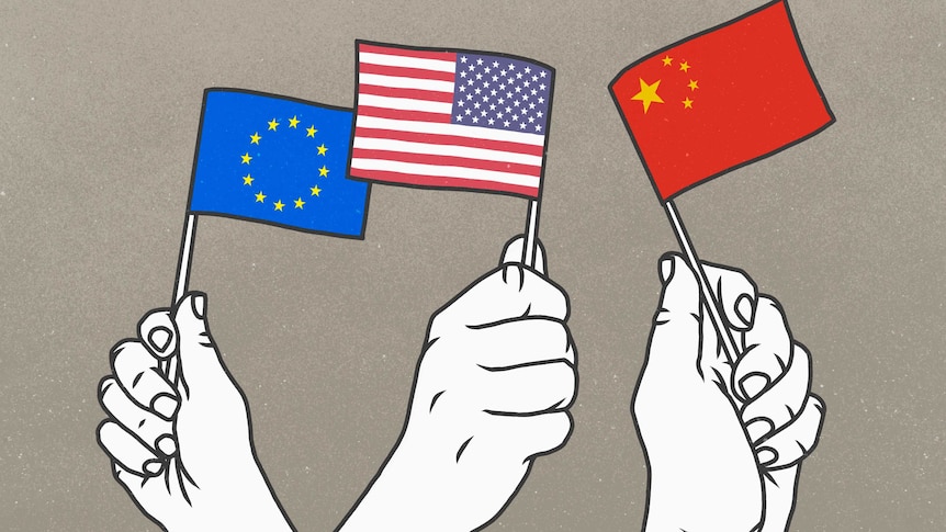Hands waving small European Union, American and Chinese flag