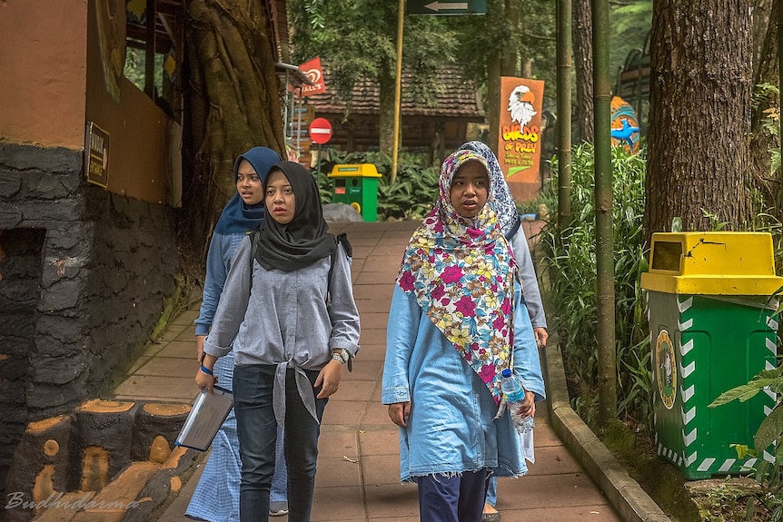 Four young women wearing hijab walk at a zoo in West Java, Indonesia