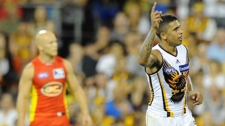 Brad Hill celebrates a Hawthorn goal