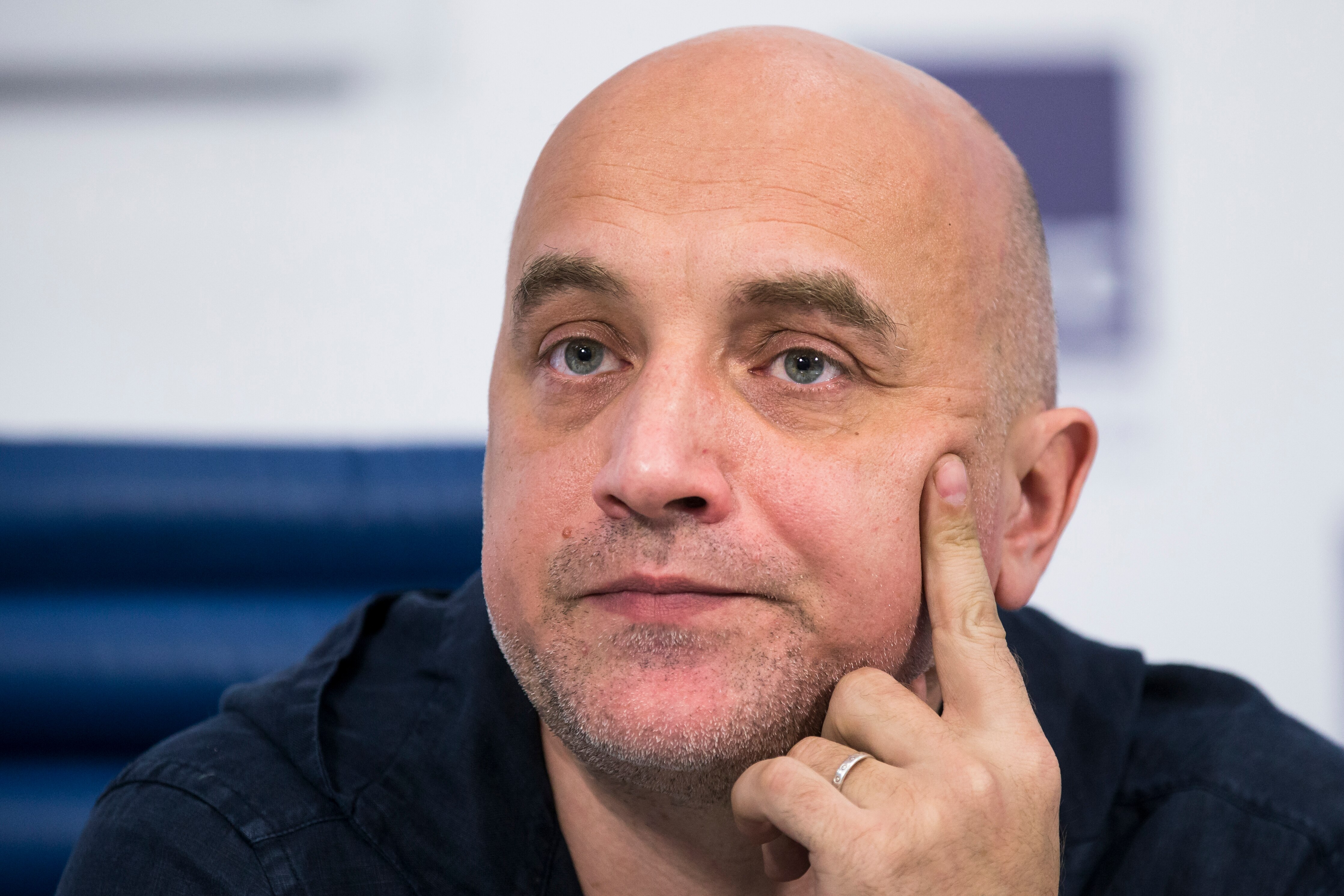 Russian writer and publicist Zakhar Prilepin looks at the camera in a close up shot at a news conference in Moscow.
