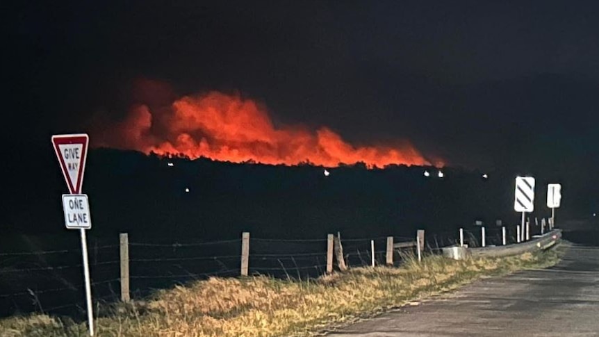 Fire burning in bushland at night, with a country road and bridge in the foreground.