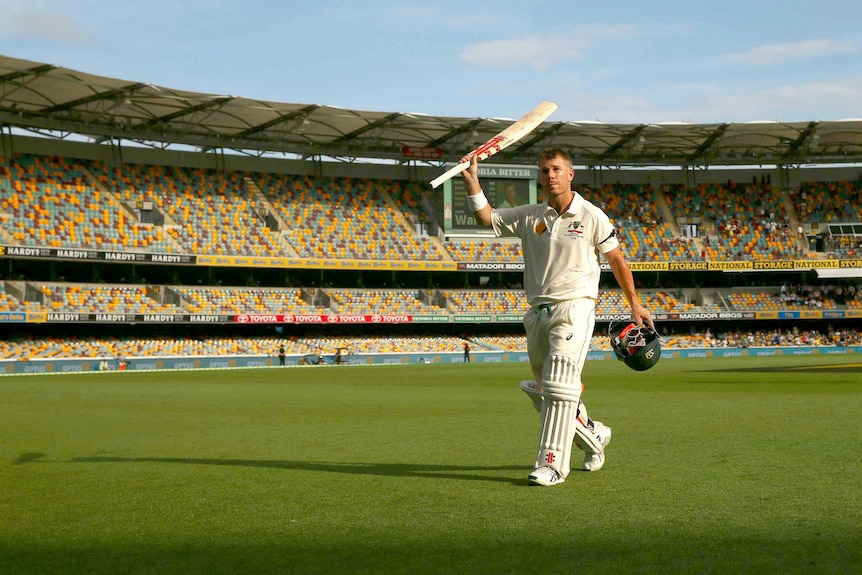 David Warner salutes the Gabba crowd after scoring 163 for Australia