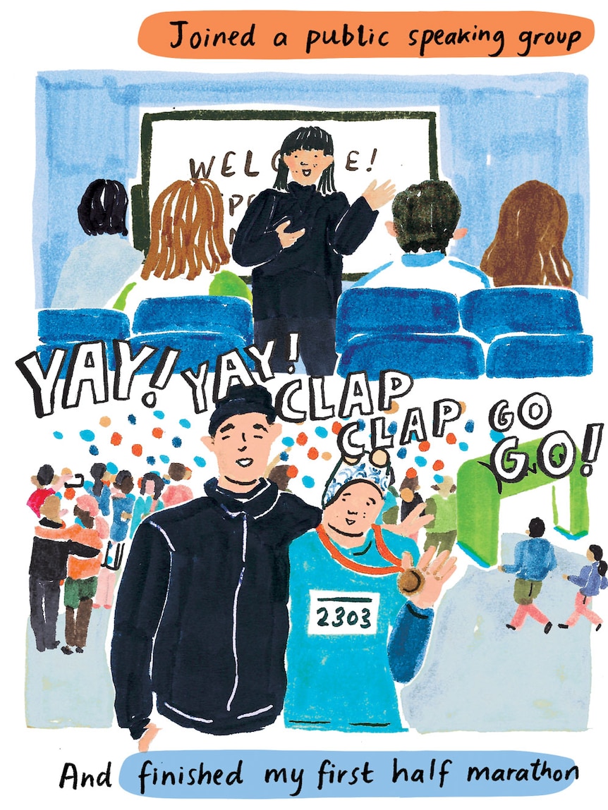 Illustration of Grace speaking in front of people, with a medal: Joined a public speaking group and ran my first half marathon