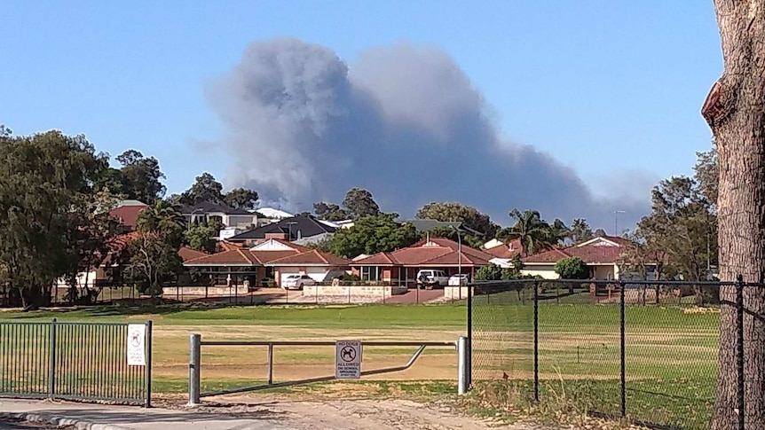 Grey smoke plumes into a blue sky over houses, a park is in the foreground with a no dogs sign.