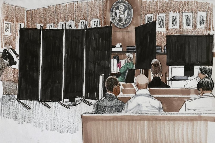 Sketch of people sitting in a court room. Black divides block the jury from the public. 