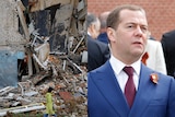 On left a woman walks past a destroyed brick building in Kherson. On right Dimitry Medvedev stands. 