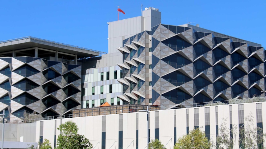 An exterior shot of the upper levels of Fiona Stanley Hospital.