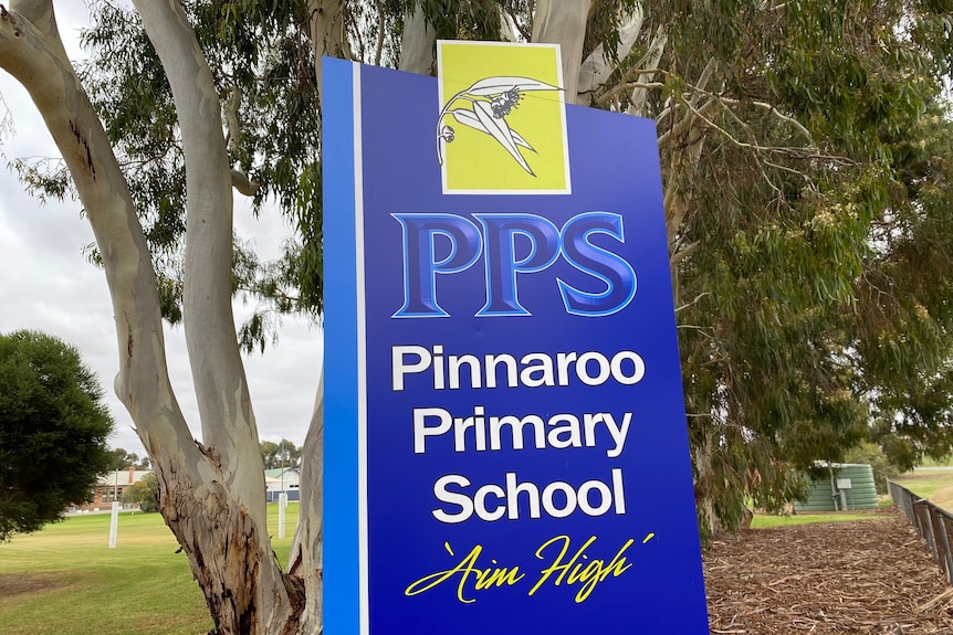 A blue board with the white and yellow words  Pinnaroo Primary School PPS 'Aim High'. There is a school emblem at the top.