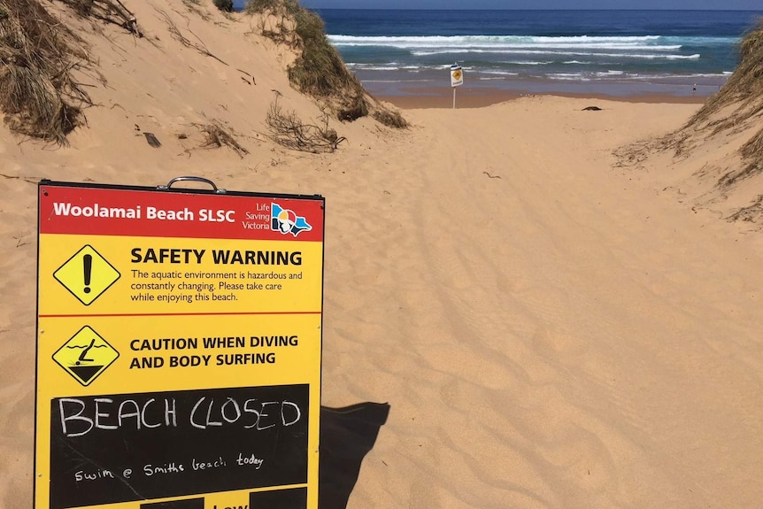 A closed beach sign at Cape Woolamai, on Victoria's Phillip Island.