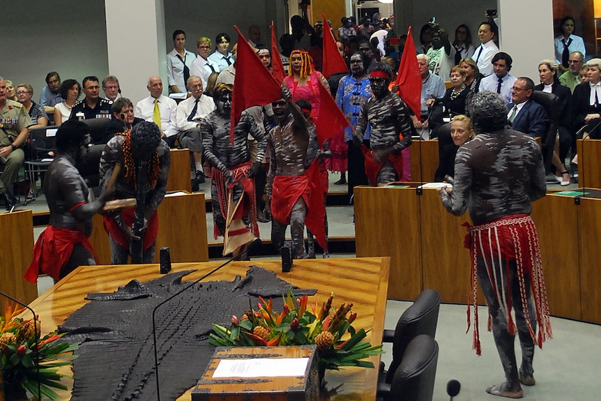 A group of Aboriginal dancers celebrate the entrance of new MLA for Arnhem, Selena Uibo