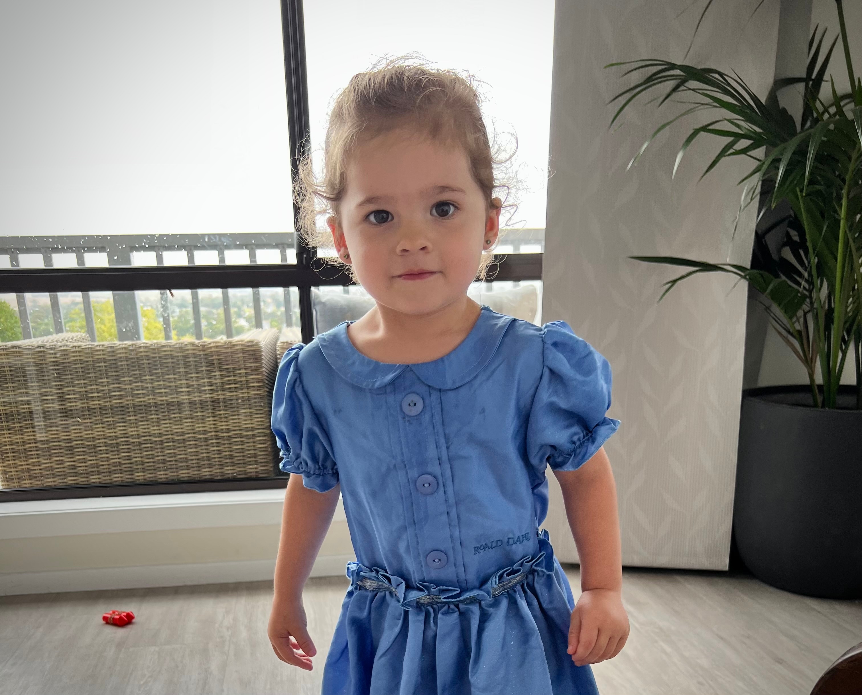 a toddler in a long dress with puffy sleeves and her hair tied up looks at the camera