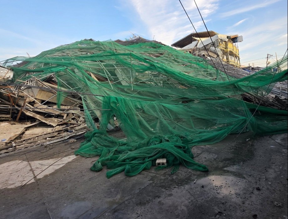Concrete rubble of a building after it collapsed.