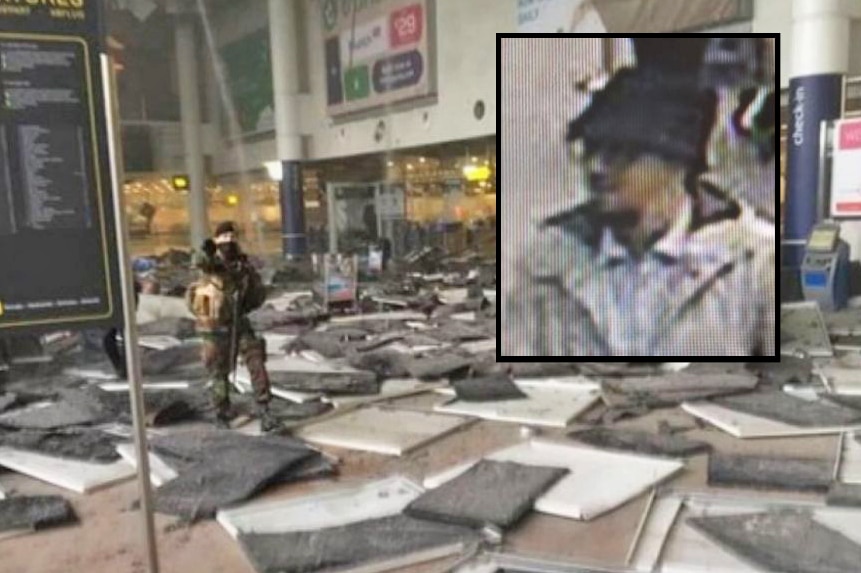 A graphic showing damage inside Brussels Airport and the man suspected of helping to carry out the attacks.