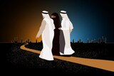 An illustration of a Saudi woman and two men walking along a path with the Riyadh skyline in the background.