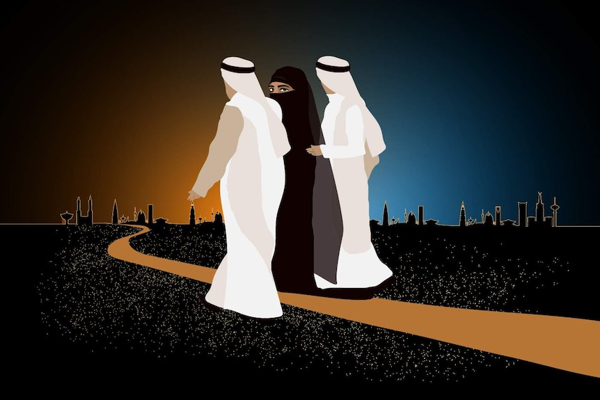 An illustration of a Saudi woman and two men walking along a path with the Riyadh skyline in the background.