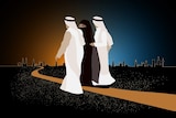 An illustration of a Saudi woman and two men walking along a path with the Riyadh skyline in the background.