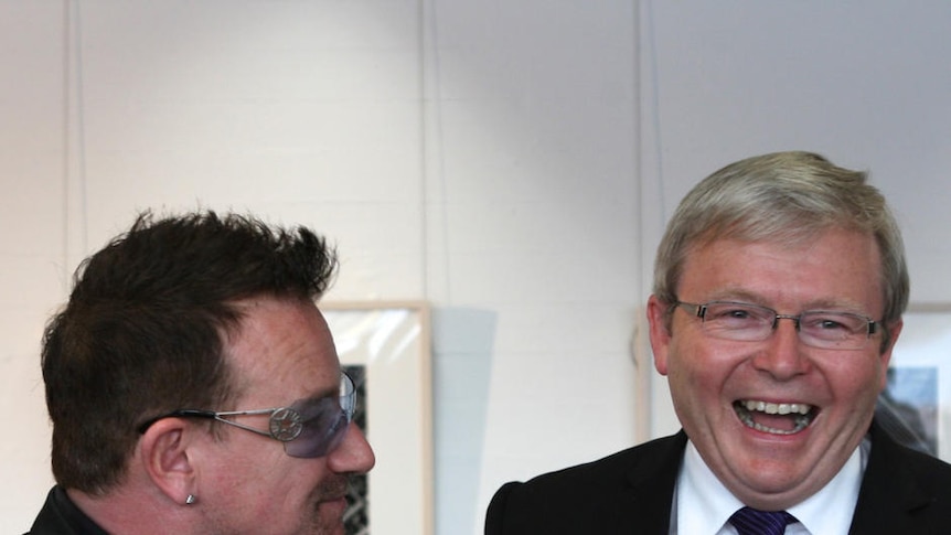 Kevin Rudd laughs with Bono