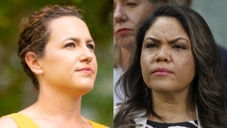 A composite image of two women, close-up, both frowning slightly.