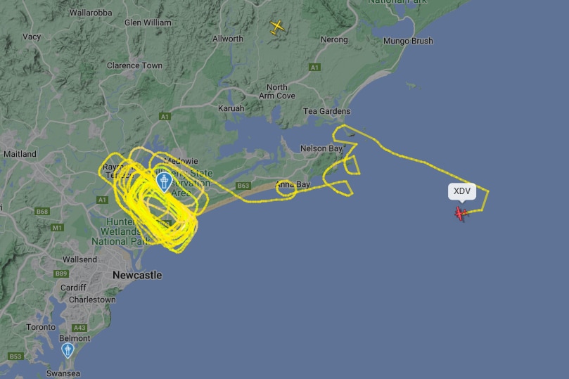 Цифровое изображение самолета, отслеживаемого над Ньюкаслом, показывающее, что он постоянно кружит.