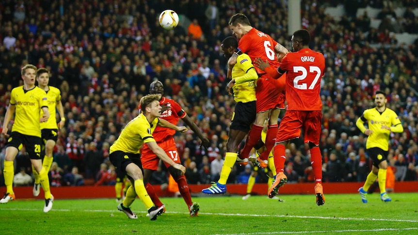 Liverpool's Dejan Lovren scores winner against Borussia Dortmund at Anfield in the Europa League.