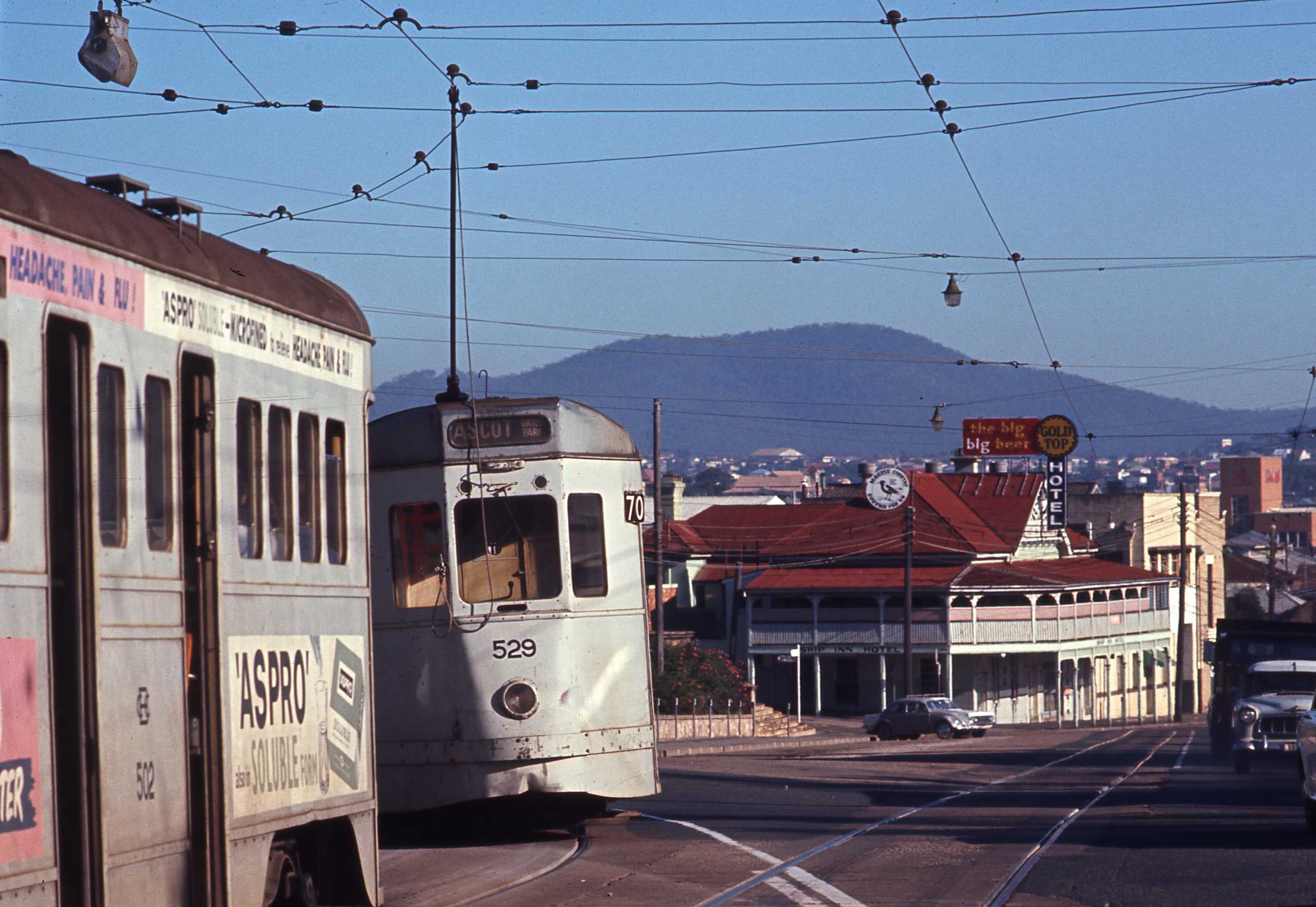 Trams running down Stanley Street looking toward Mt Coot-tha in the late 1960s.