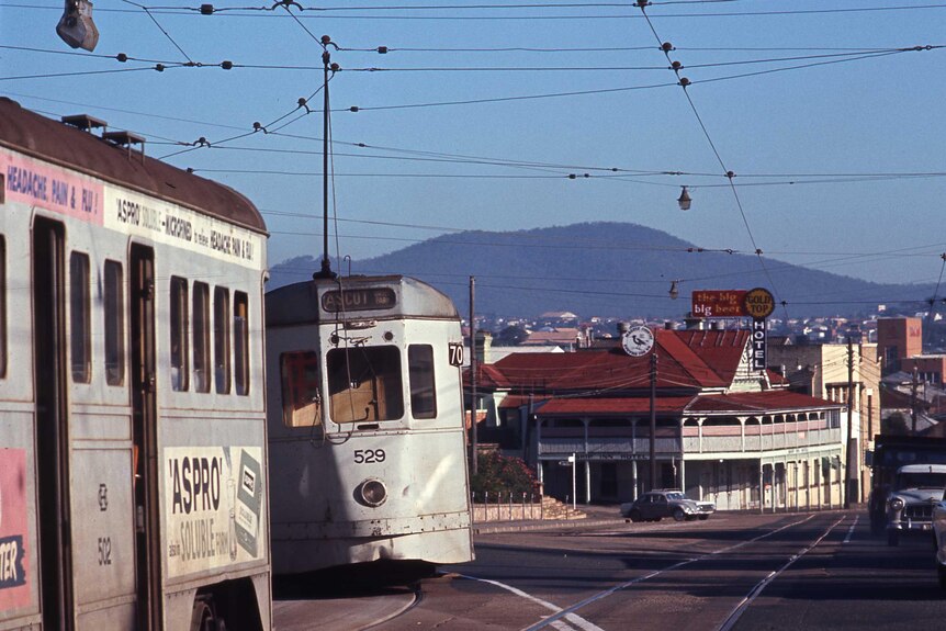 Trams running down Stanley Street looking toward Mt Coot-tha in the late 1960s.