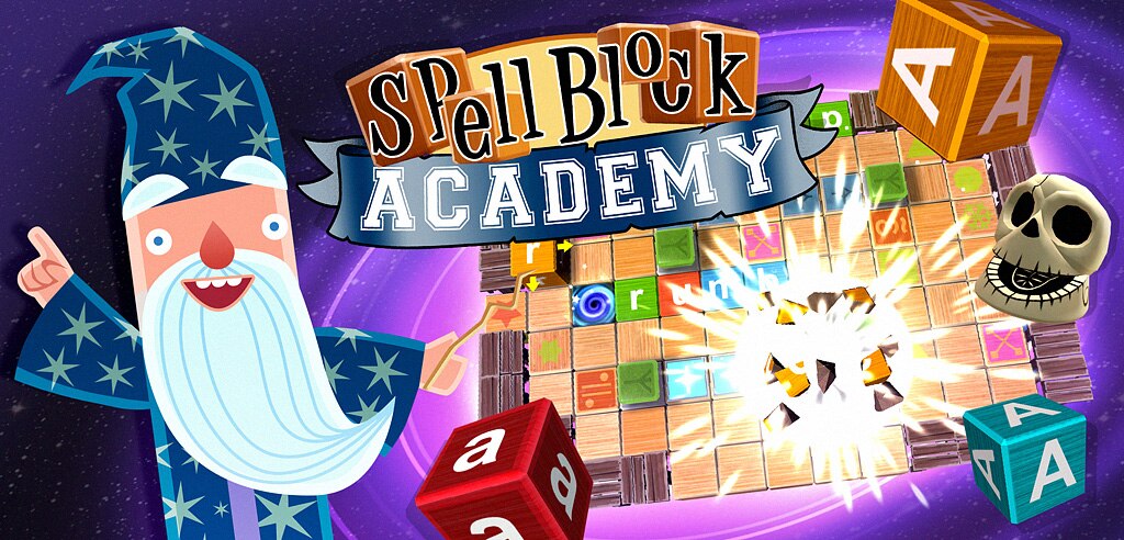 A wizard waves his magic wand over tumbling dice with letters on them, one of which is exploding with light!