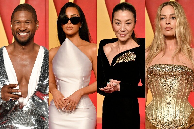 A composite of Usher, Kim Kardashian, Michelle Yeoh and Margot Robbie.