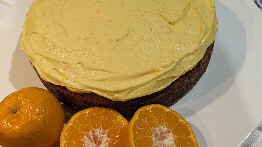 Photo of caramel-brown cake with yellow icing with mandarin zest, garnished with fresh mandarins.