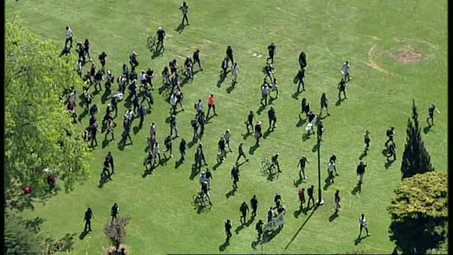 Protesters walk across a park