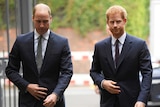 Britain's Prince William, the Duke of Cambridge, left, and Prince Harry wearing dark coloured suits.