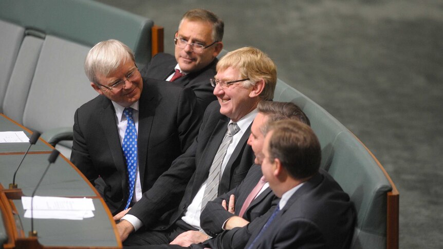 Labor MP Kevin Rudd speaks to Labor backbenchers in Parliament House on June 26, 2013.
