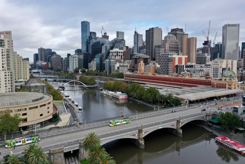 Princes Bridge near Flinders St Station in Melbourne's CBD with hardly any traffic on it.