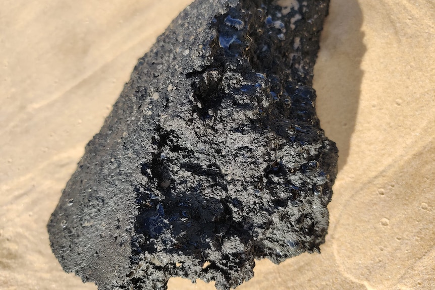 a pile of black sludge on sand