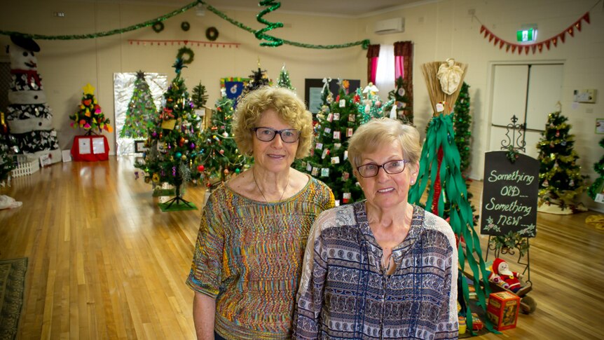 Dawn Fielke and Marleen Jaynes at the Christmas tree display at the Loxton CWA hall.