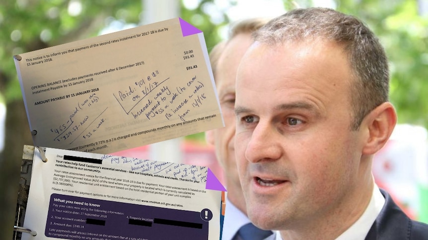 Two rates bills are composited against a portrait of Andrew Barr.