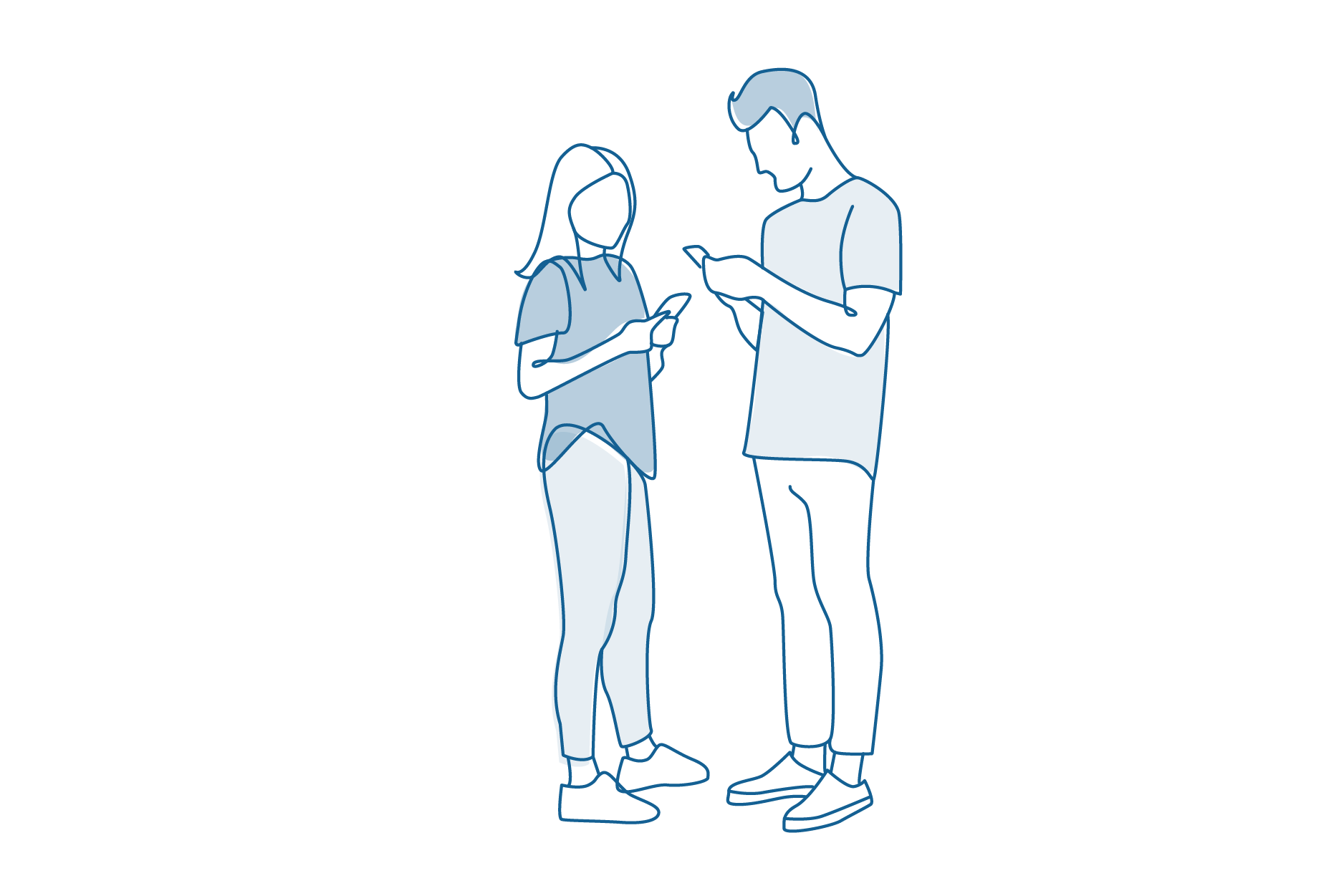 Line drawing of man and woman holding phones.