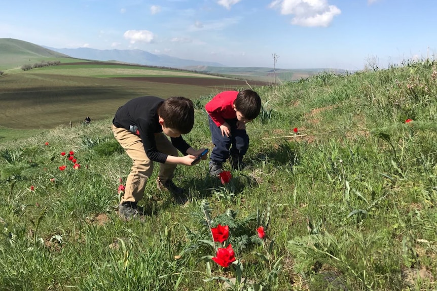 Bryce and Lachlan Magerl look at flowers in a field in Kazakhstan in 2016.