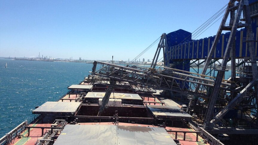A grain ship loading at the CBH port facilities in Kwinana, Western Australia