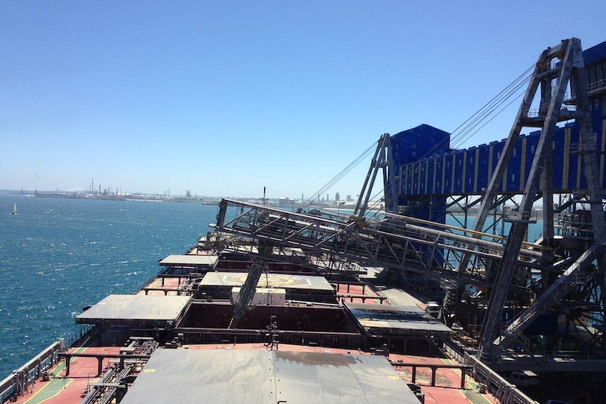 A grain ship loading at the CBH port facilities in Kwinana, Western Australia