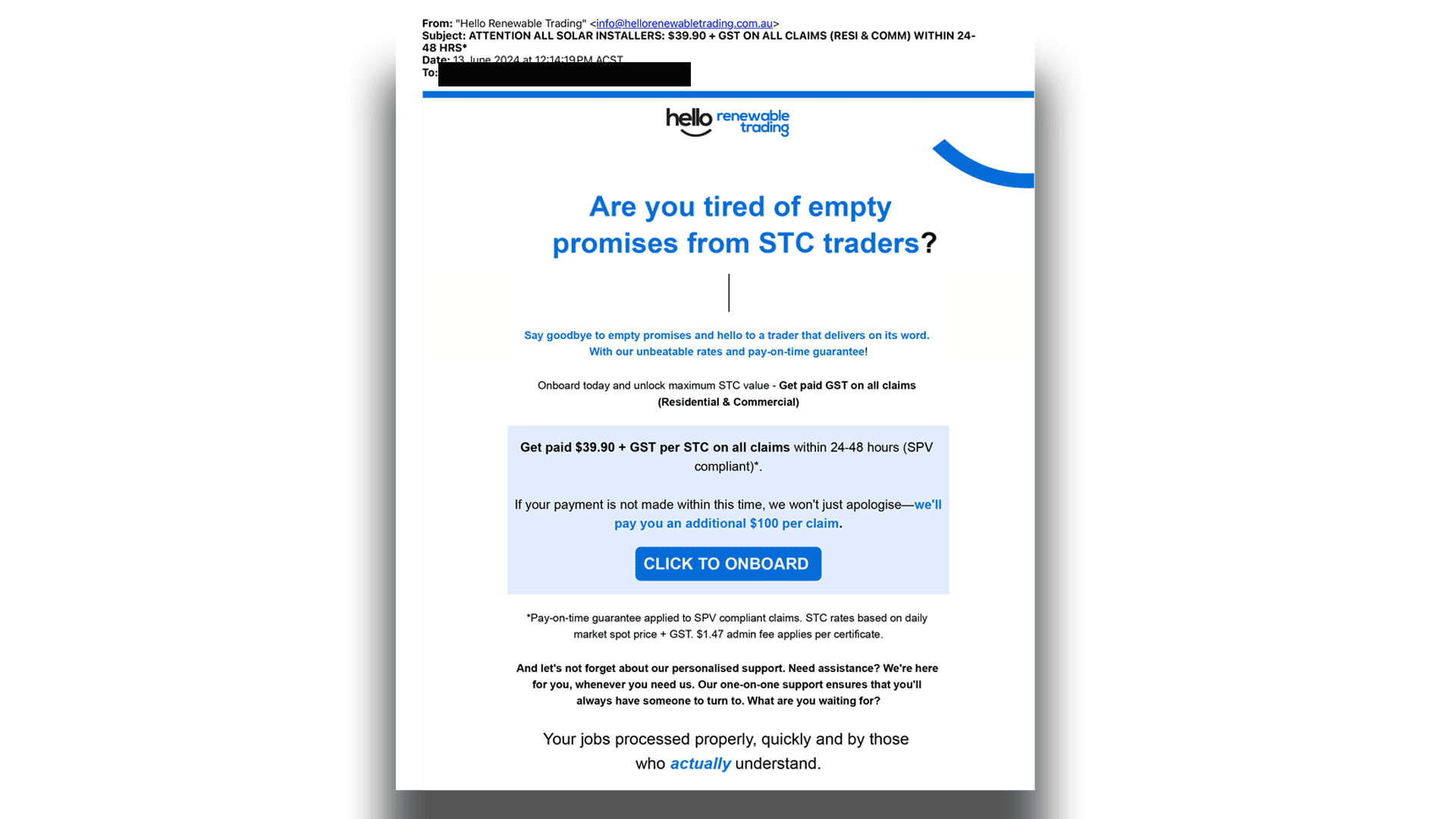 A screenshot of a sales email