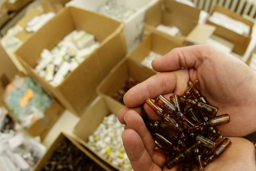 Doping drugs displayed in the headquarters of Austria's special anti-doping police task force.