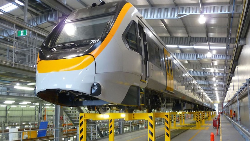 New Generation Rollingstock train in rail shed for testing.