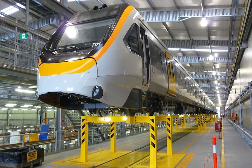 New Generation Rollingstock train in rail shed for testing.