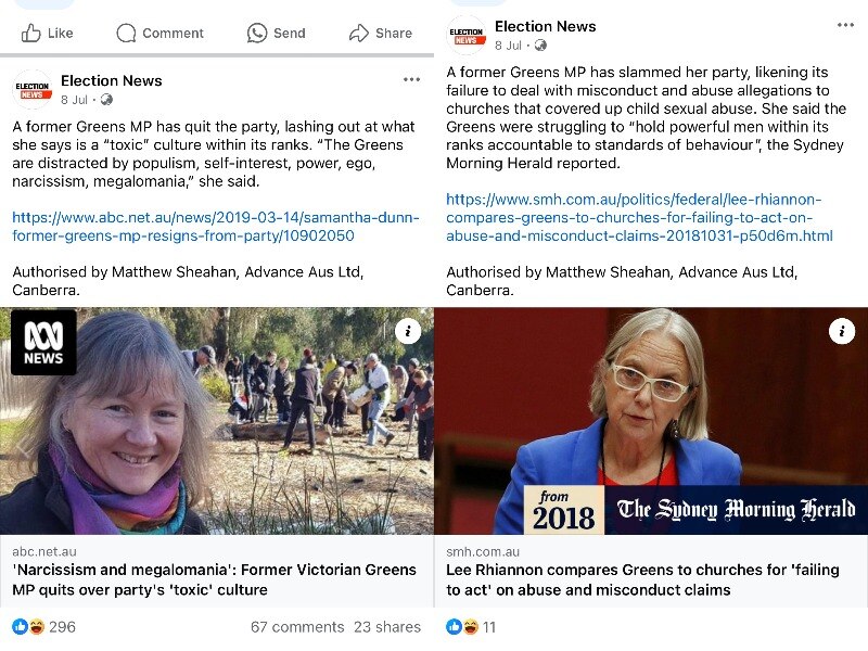 Two screenshots of ads posted by the Election News Facebook post featuring old news articles.