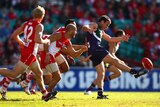 Kicking clear: Paul Hasleby was one of four Fremantle players to boot two goals.