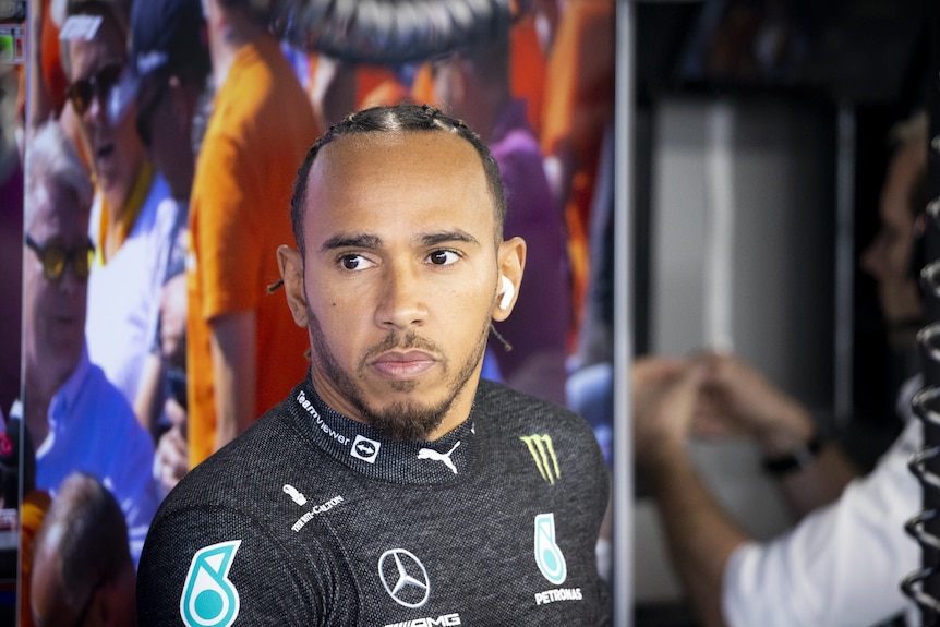 Lewis Hamilton in the Mercedes garage.