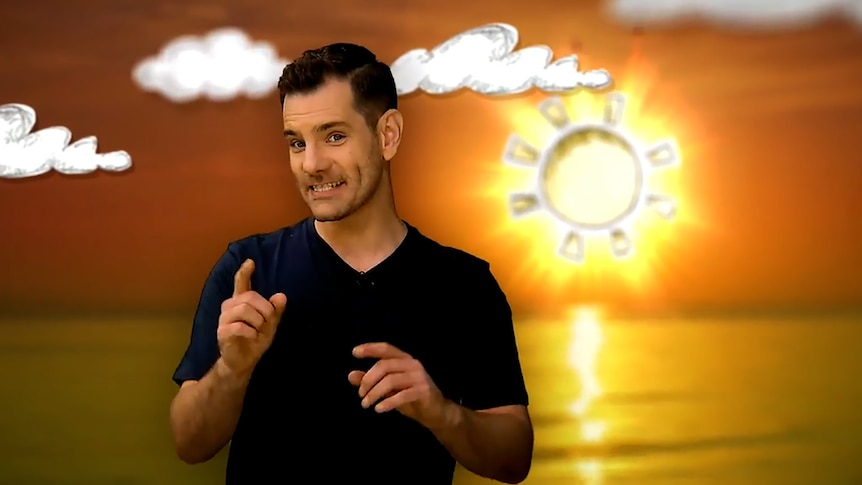 Presenter Nate Byrne with graphic of sun in the backround